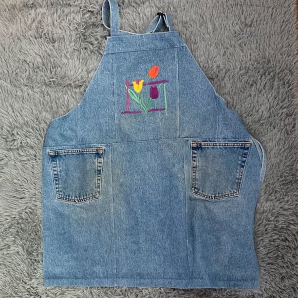Vintage Accessories - Vintage Denim Appliqué Flower Tulip Apron Pockets Work Garden Grill Kitchen OS
